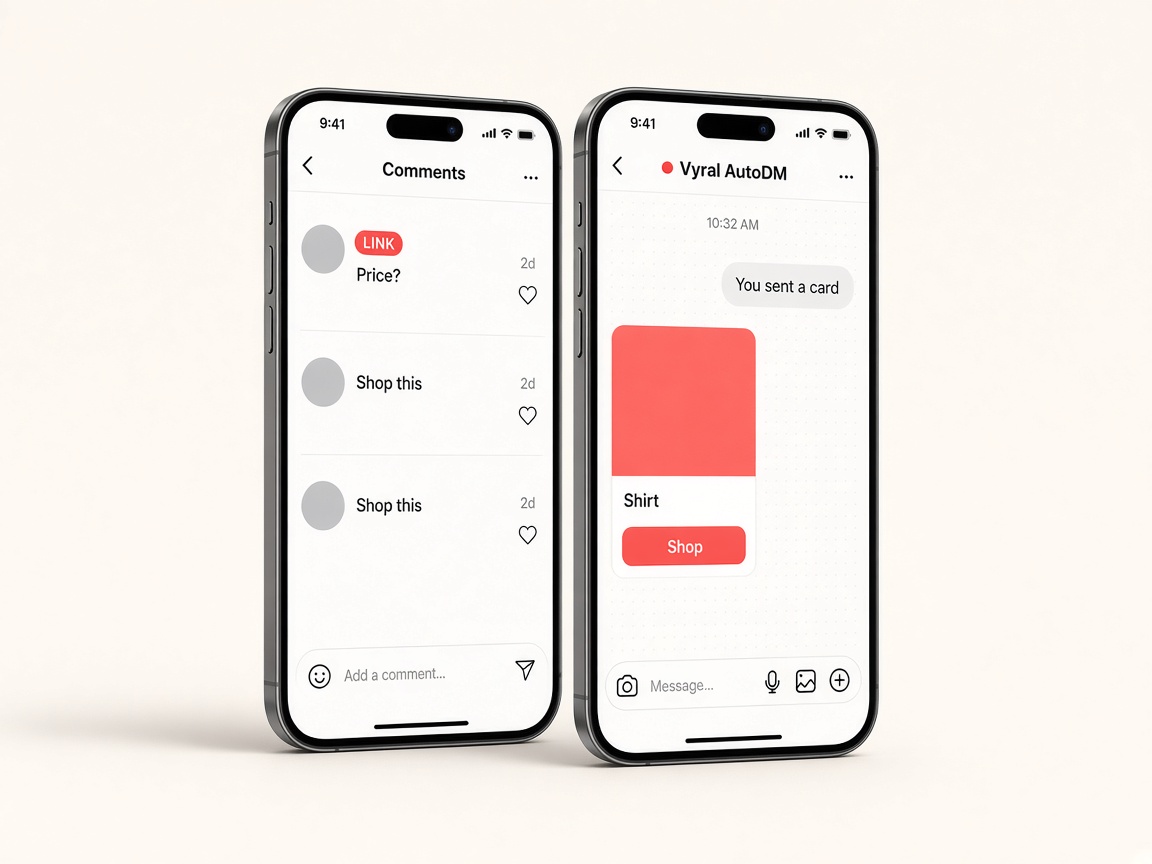 Vyral AutoDM App: an Instagram comment that says LINK, and the DM that sends a product card